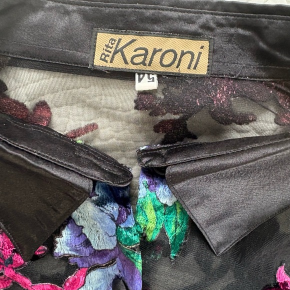 Vintage Lace and velvet Floral Sheer Black Blouse - Picture 7 of 9